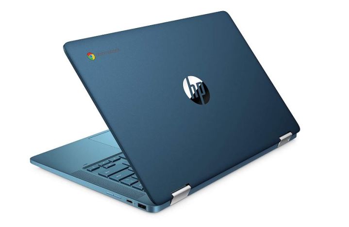 Một chiếc Chromebook HP x360 màu xanh lam.