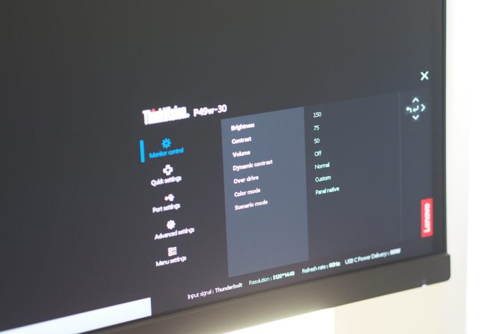 Lenovo ThinkVision P49w-30 monitor front view showing OSD.