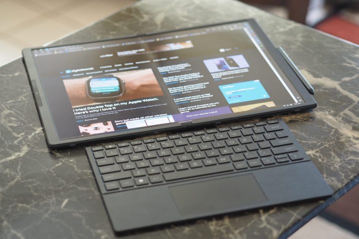 HP Spectre Foldable PC top down view showing tablet mode and keyboard.