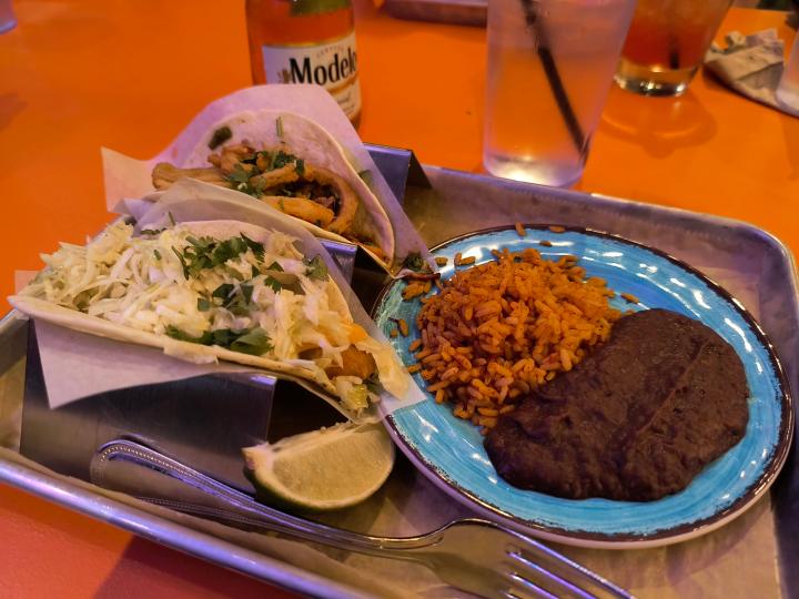 Photo of a tray of tacos, rice, and beans, taken with the Motorola Edge (2023).